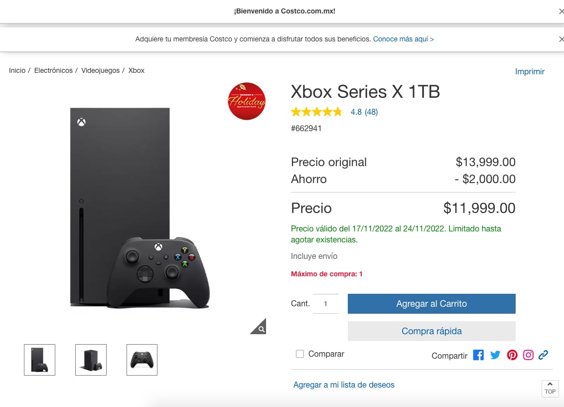 Oferta en el Xbox Series X en Costco