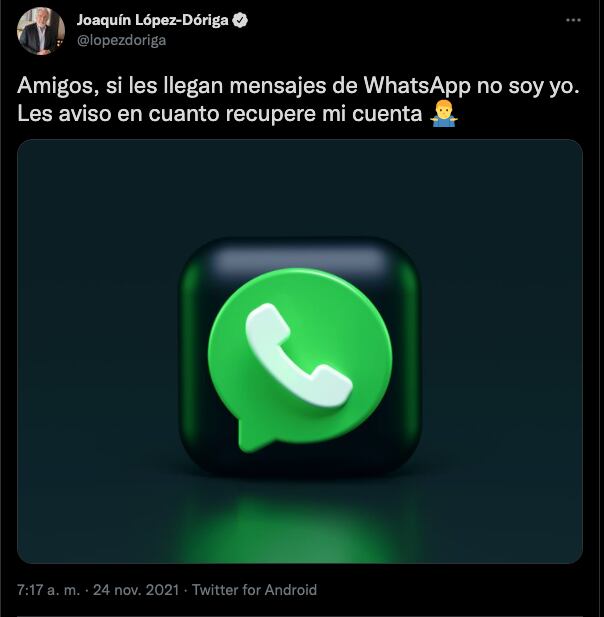 Joaquín López-Dóriga avisa que le hackearon su WhatsApp