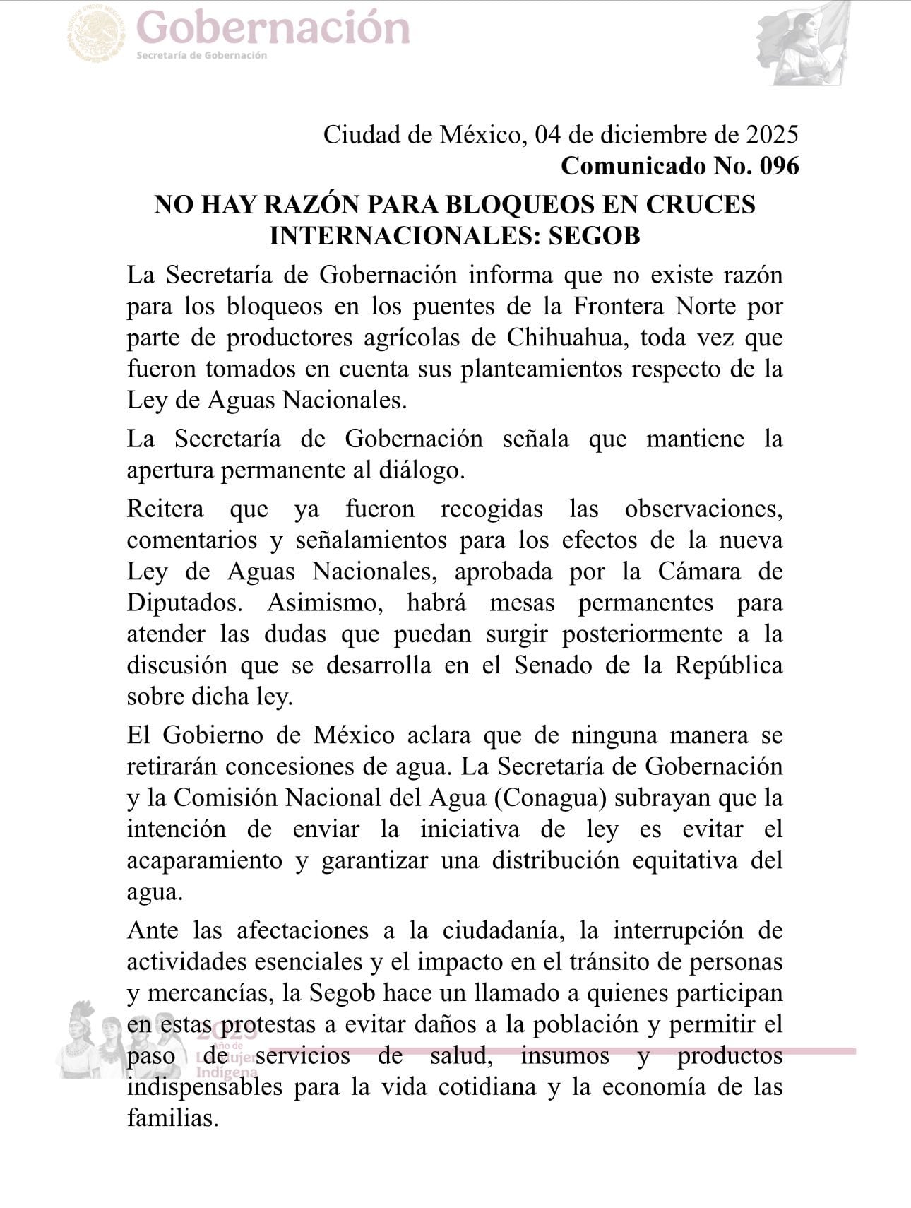 Comunicado de la Segob ante cierre de la Frontera Norte por campesinos ante la Ley de Aguas.