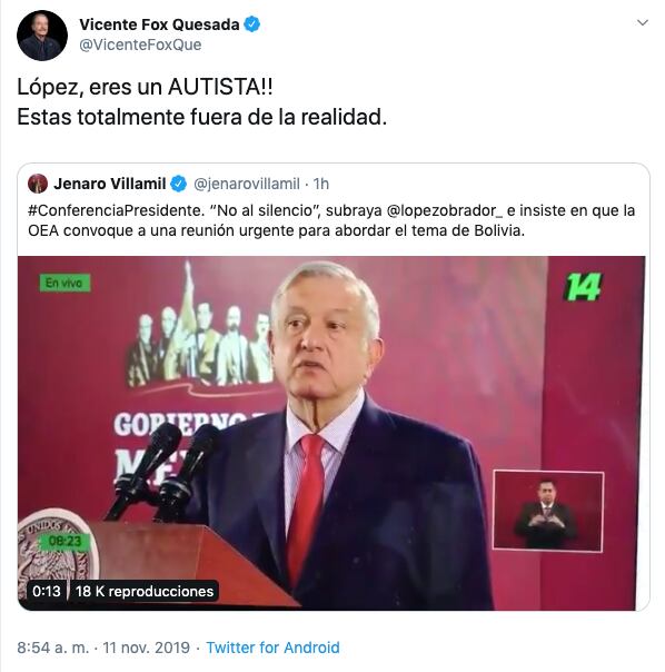 Vicente Fox utilizó la palabra "autista" como un insulto