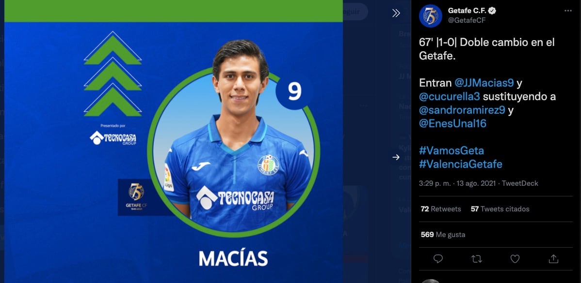 JJ Macías entró de cambio en el partido Valencia vs Getafe CF