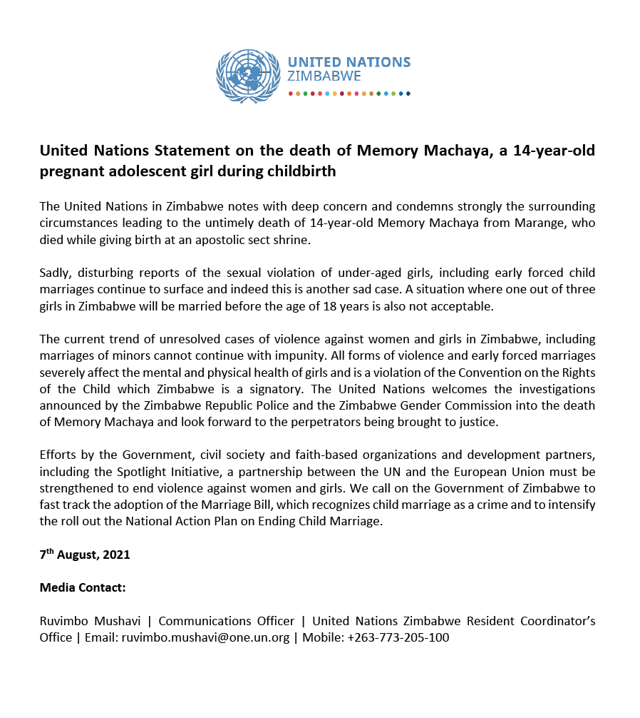 Comunicado de la ONU sobre los matrimonios infantiles en Zimbabue.