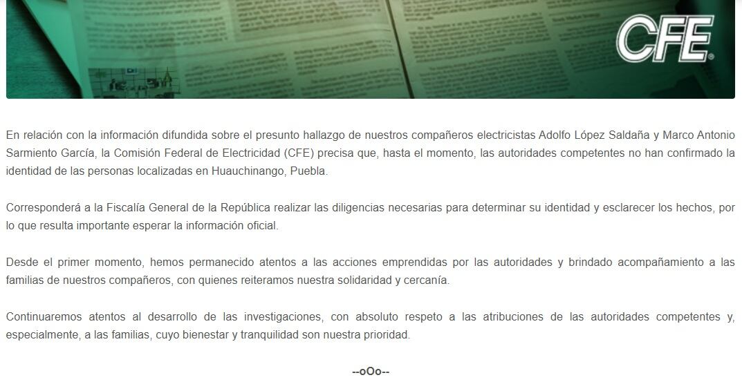 CFE espera confirmación oficial de la identidad de trabajadores hallados en Huauchinango