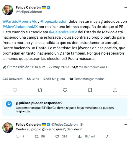 Felipe Calderón defiende al PRI de MC