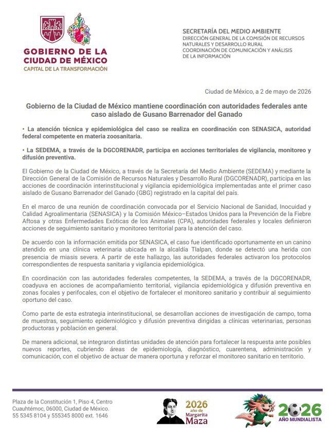 Comunicado de la CDMX por gusano barrenador en Tlalpan.