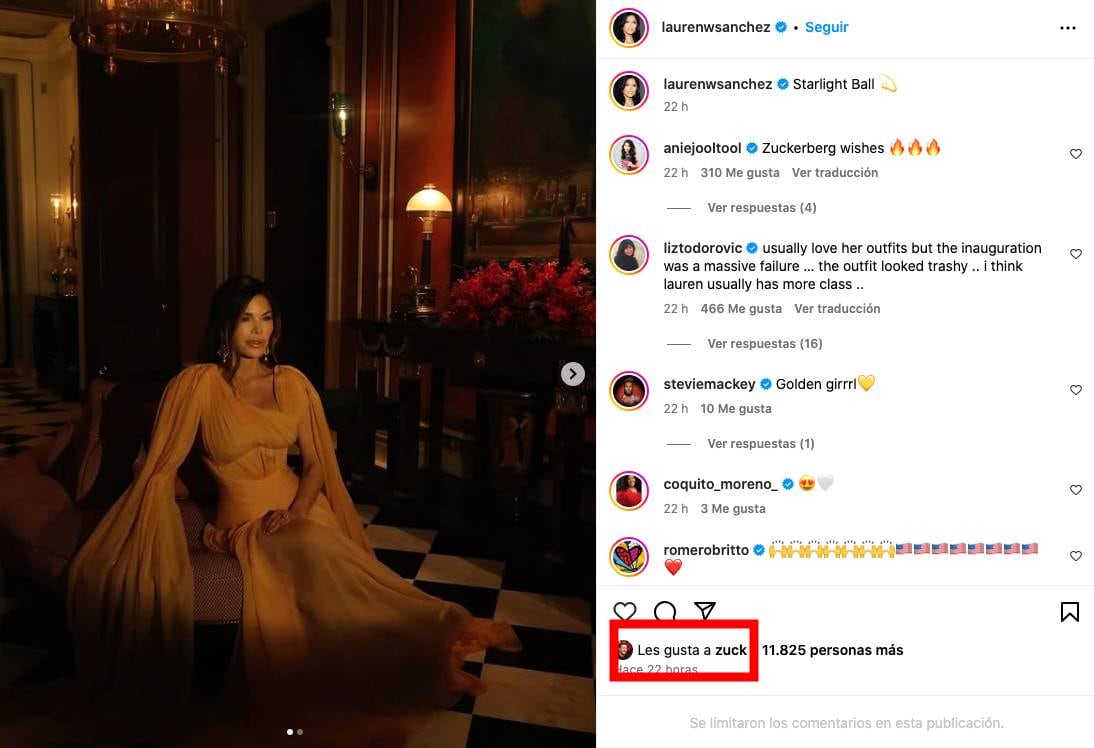 Mark Zuckerberg le dio like a un post reciente de Lauren Sánchez