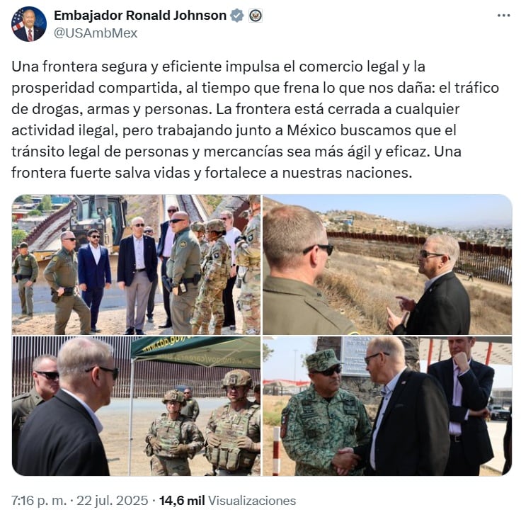 El embajador Ronald Johnson visitó la frontera entre México y Estados Unidos