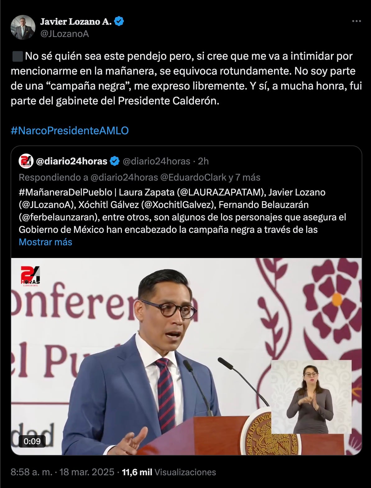 Javier Lozano insulta a Miguel Ángel Elorza de Infodemia por mención en la mañanera de Claudia Sheinbaum
