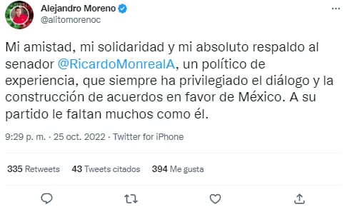 Alejandro Moreno reitera su amistad a Ricardo Monreal tras revelaciones del Martes del Jaguar de Layda Sansores