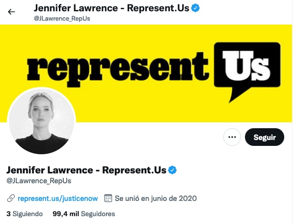 Cuenta de Jennifer Lawrence, verificada en Twitter.