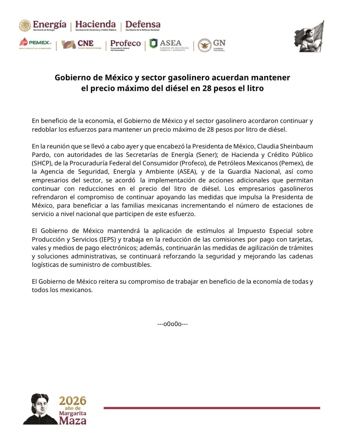 Gobierno fija tope de 28 pesos por litro al diésel tras acuerdo gasolinero
