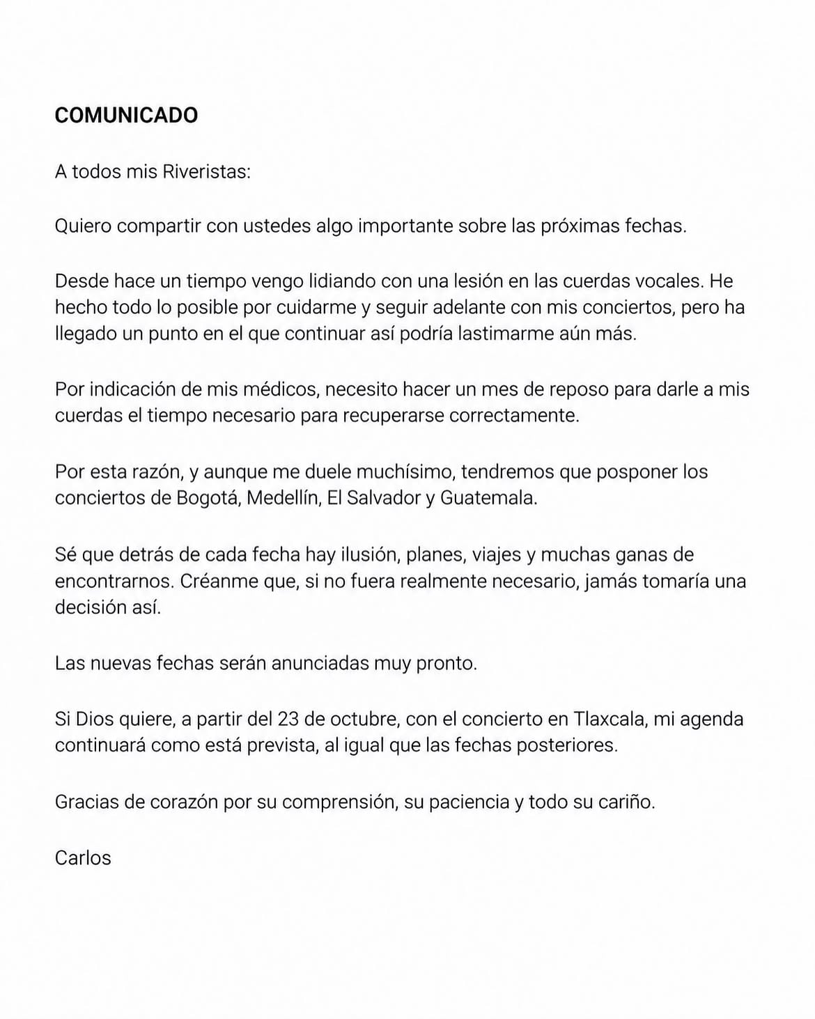 Comunicado de Carlos Rivera