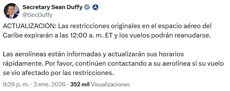 Estados Unidos levanta restricciones al espacio aéreo de Venezuela