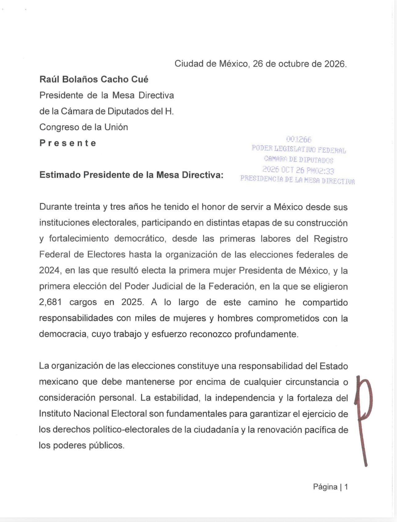 Carta de renuncia de Guadalupe Taddei a la Cámara de Diputados
