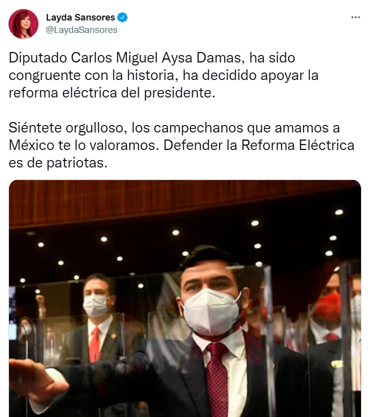 Layda Sansores apoya a Carlos Miguel Aysa Damas por estar a favor de la reforma eléctrica/Twitter