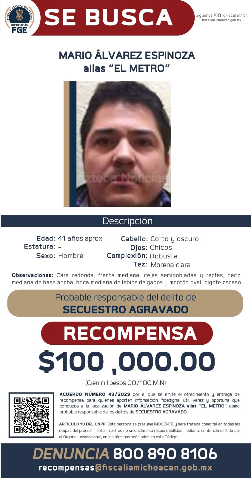 Fiscalía de Michoacán ofrece recompensa de 100 mil pesos para localizar a involucrados en el asesinato de Hipólito Mora