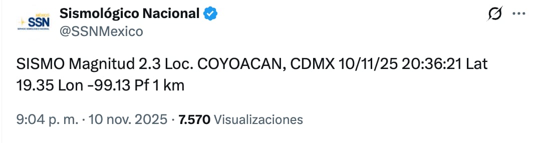 Reporte del microsismo en Coyoacán del 10 de noviembre 2025