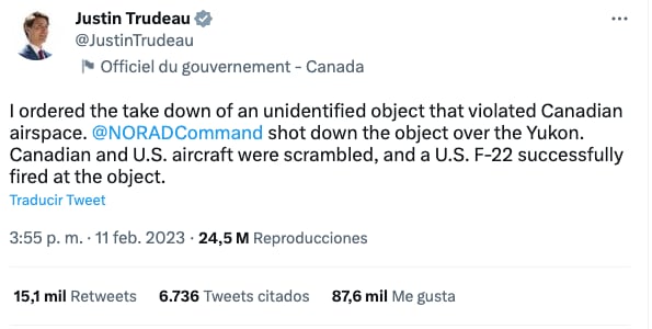 Justin Trudeau revela que un OVNI fue derribado