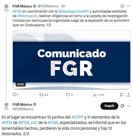 FGR abre carpeta de investigación ante explosión de coche bomba en Coahuayana, Michoacán.