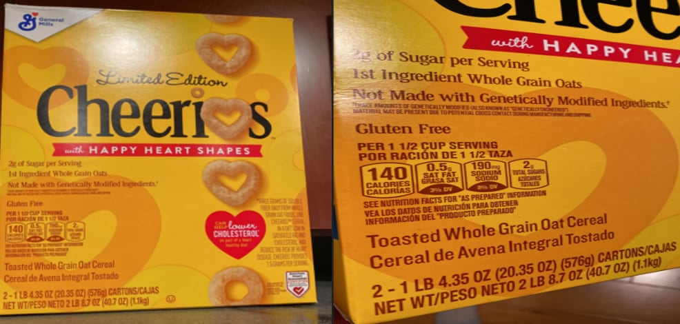 Envoltura de cereal marca Cheerios; happy heart shapes
