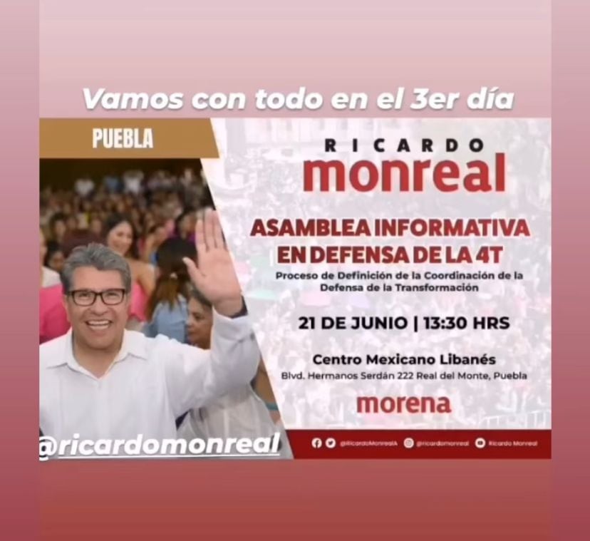 Ricardo Monreal viaja a Puebla hoy 21 de junio