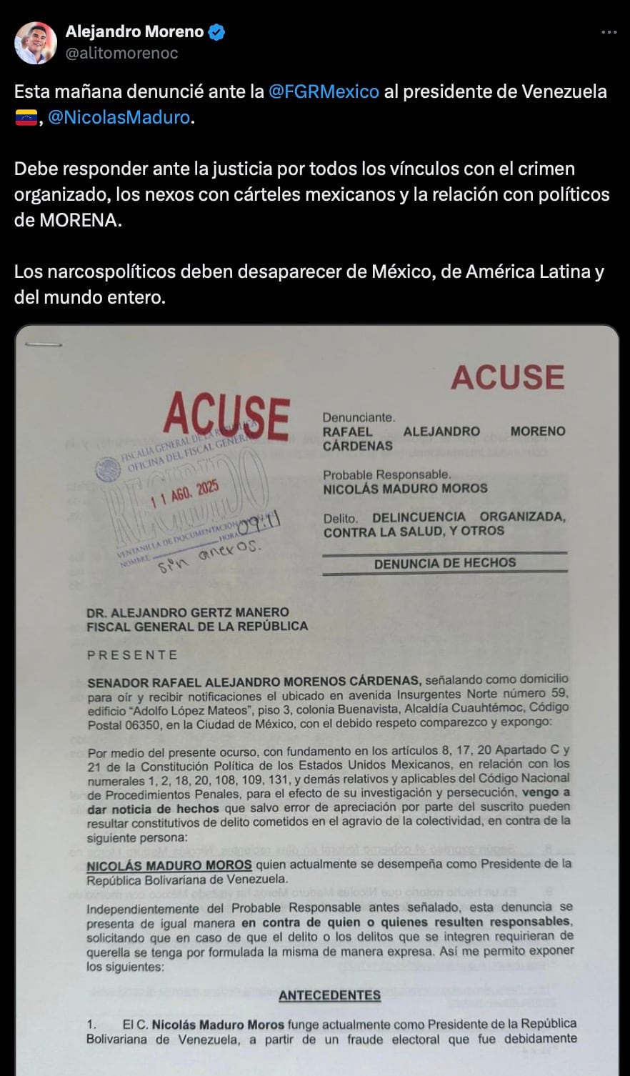 Alito Moreno denuncia a Nicolás Maduro por narcotráfico