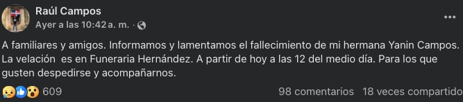 Hermano de Yanin Campos, anuncia su muerte