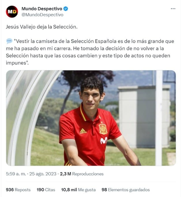 Jesús Vallejo decidió dar un paso al costado de la Selección de España hasta que Luis Rubiales deje la presidencia de la RFEF.