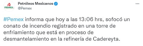 Reporte de Pemex sobre incendio en refinería de Cadereyta