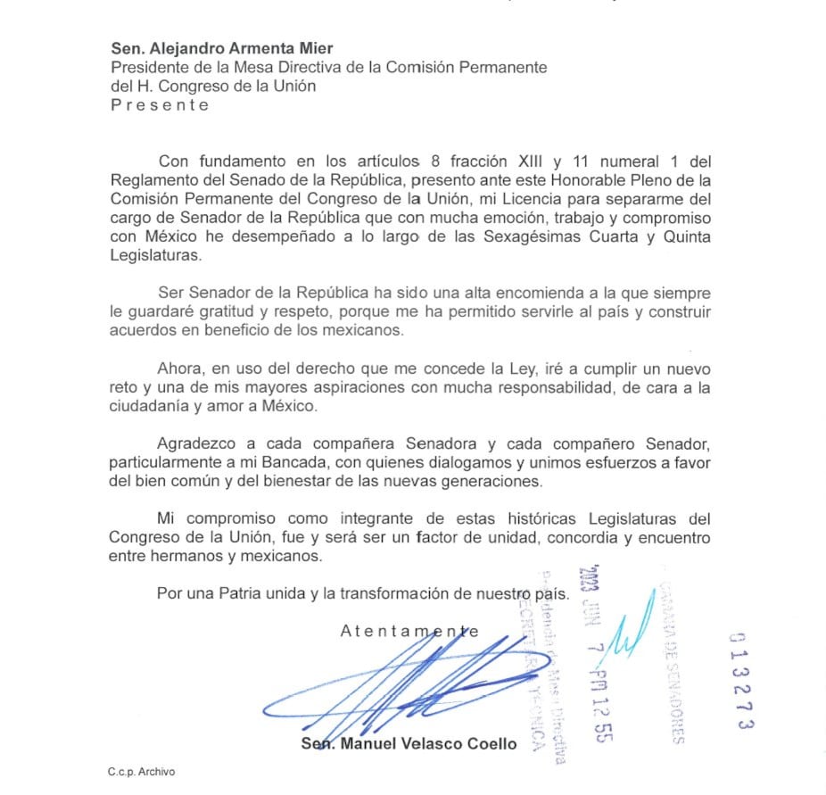 Licencia de Manuel Velasco para ausentarse de la Cámara de Senadores