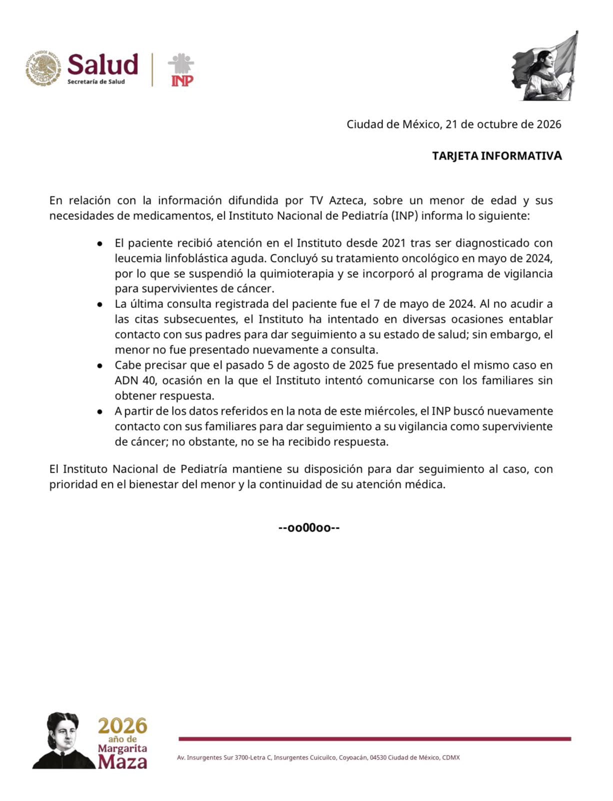 Secretaría de Salud desmiente a TV Azteca por versión sobre quimioterapias a menores