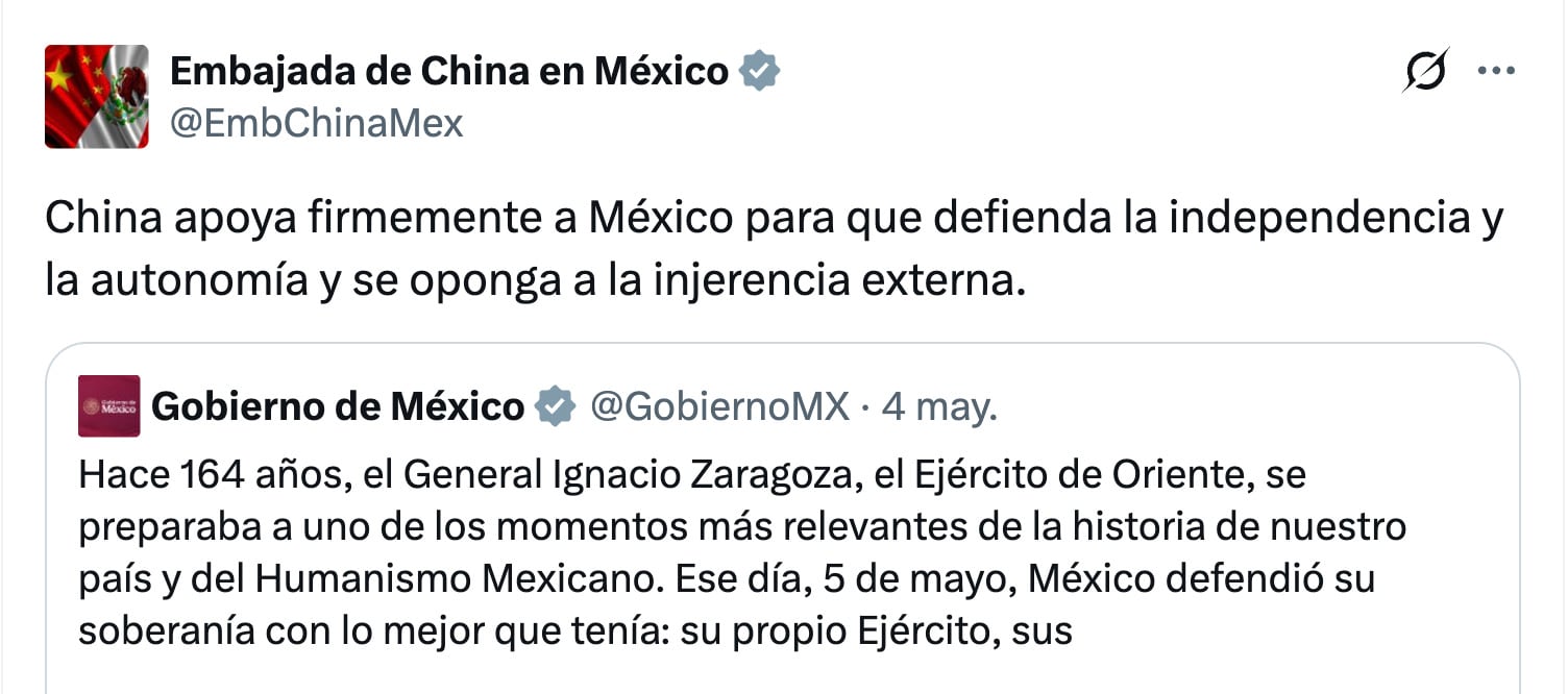 China respalda soberanía de México en conmemoración del 5 de mayo