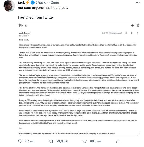 Jack Dorsey renuncia a Twitter