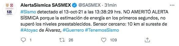 Tuit sobre sismo en Guerrero