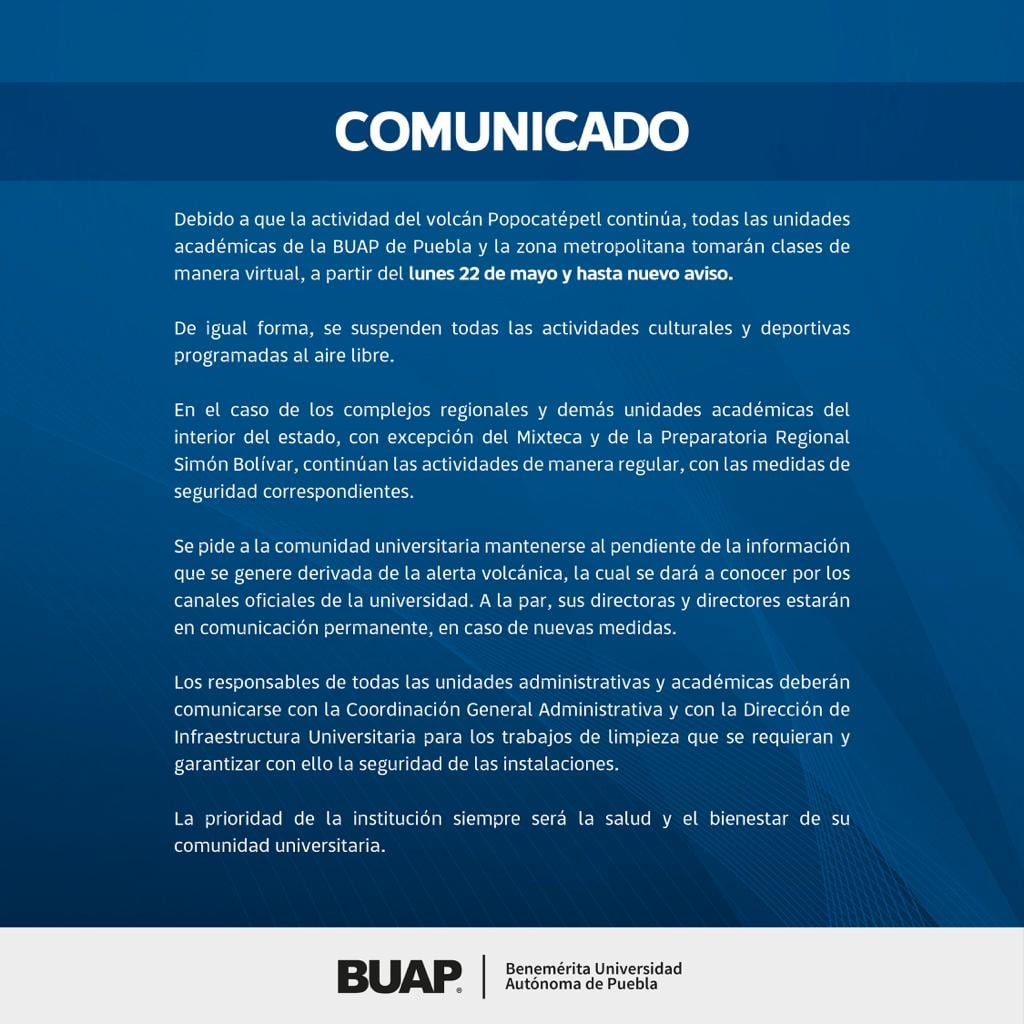 BUAP EMITE COMUNICADO SOBRE LAS CLASES ANTE ACTIVIDAD DEL VOLCÁN POPOCATÉPETL