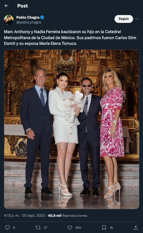 Carlos Slim Domit fue padrino del primer hijo de Marc Anthony y Nadia Ferreira