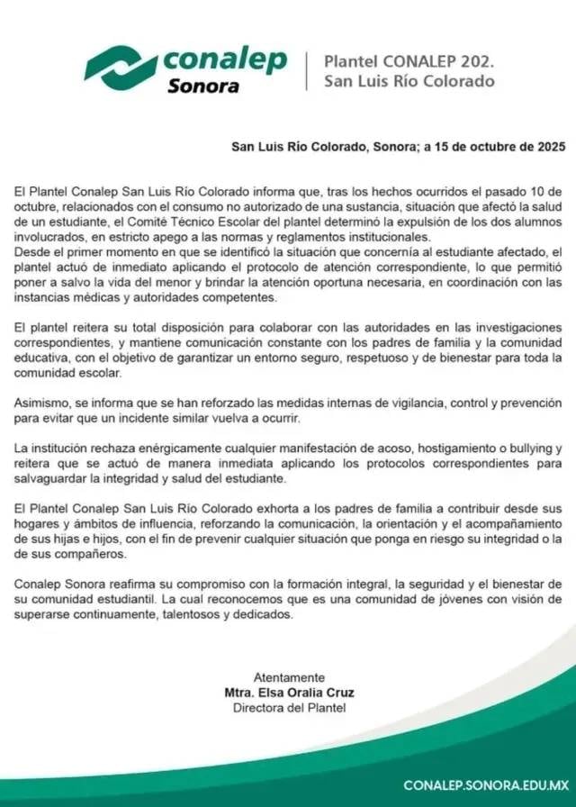 Conalep expulsa estudiantes por obligar a compañero a beber ácido