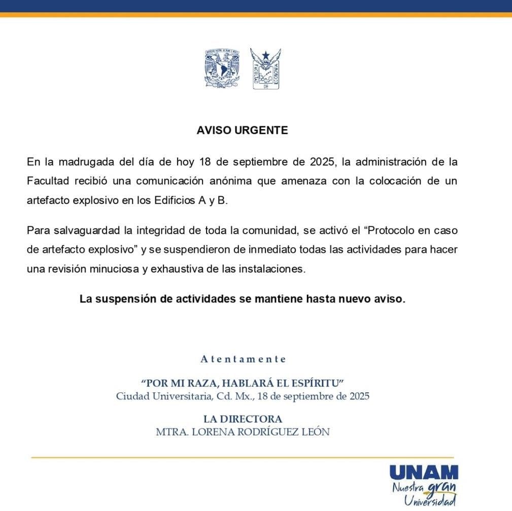 Comunicado sobre suspensión de clases en Facultad de Derecho y Economía de la UNAM.