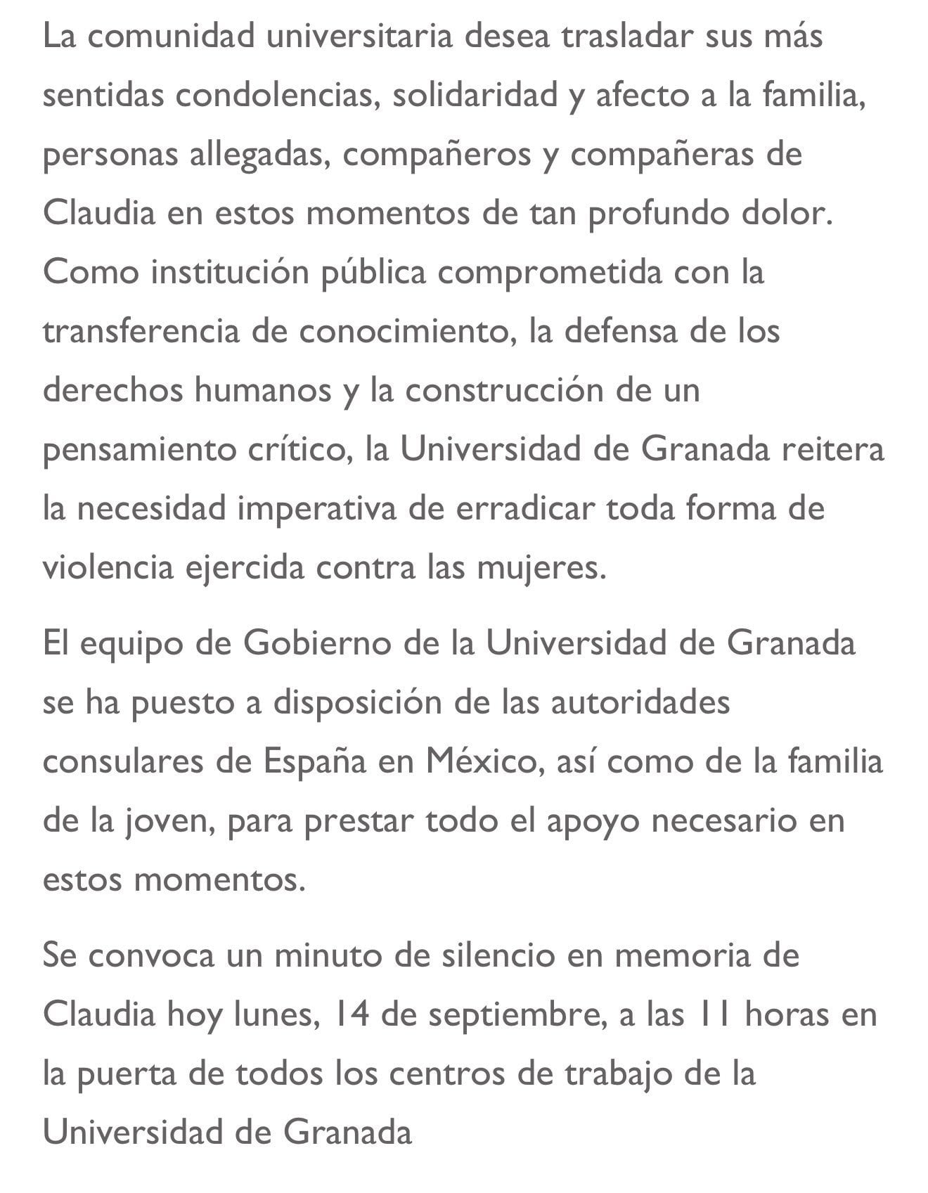 Comunicado de la Universidad de Granada ante el feminicidio de Claudia Tacoronte