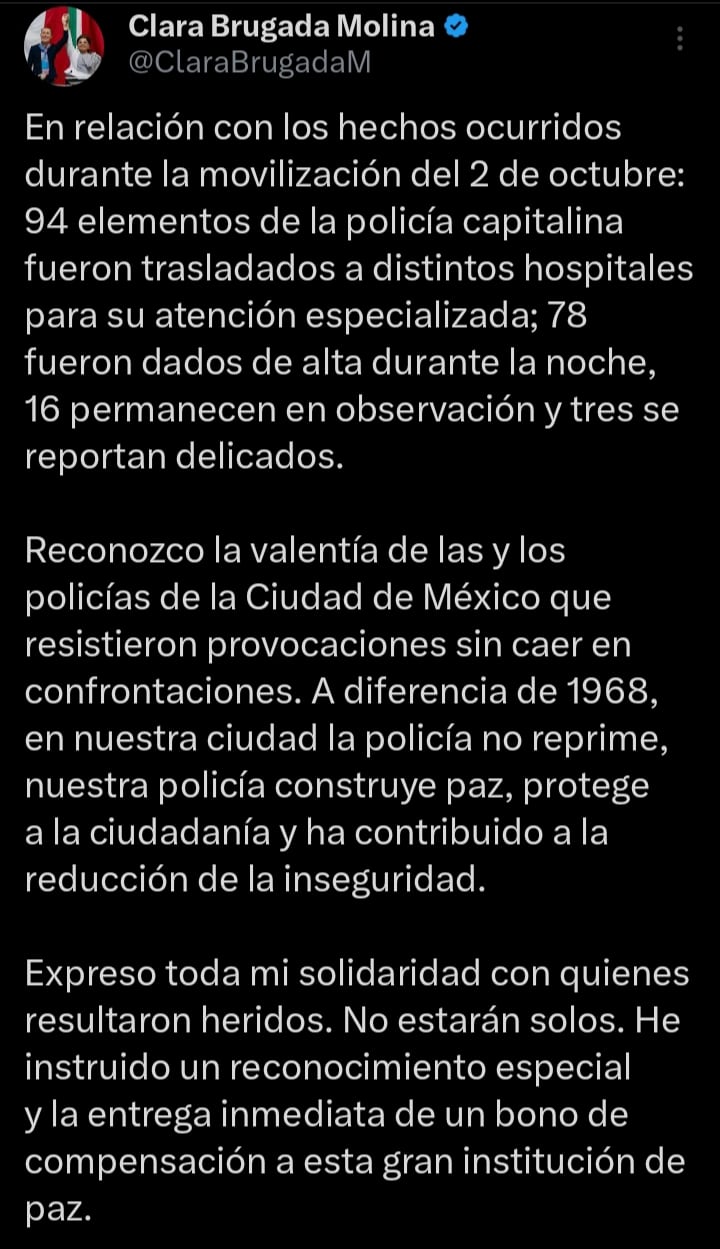 Clara Brugada anuncia bono a policías heridos