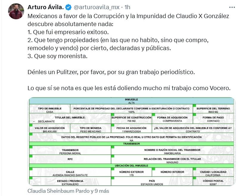 Arturo Ávila, diputado de Morena, tunde y se burla de MCCI por descubrir casa declarada en zona residencial de California
