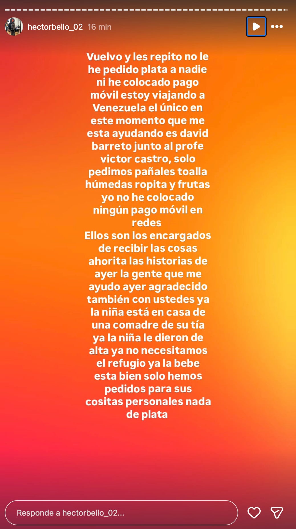 Héctor Bello aclara que solo pidió artículos básicos para su hija