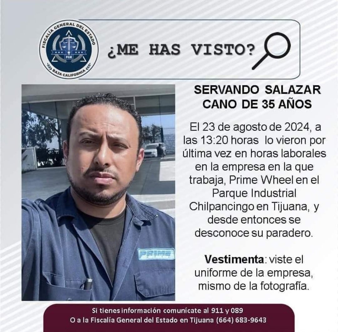 Servando Salazar Cano, desapareció en Prime Wheel, Tijuana el 23 de agosto