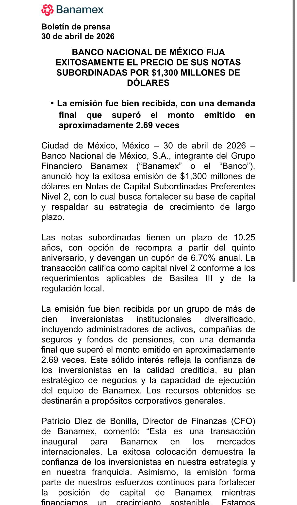 Banamex emite notas subordinadas por 1,300 millones de dólares