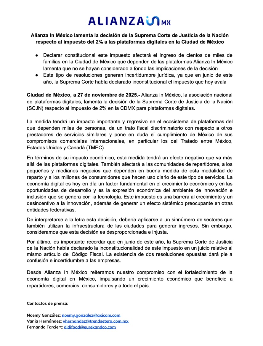Comunicado Alianza In México tras perder amparo
