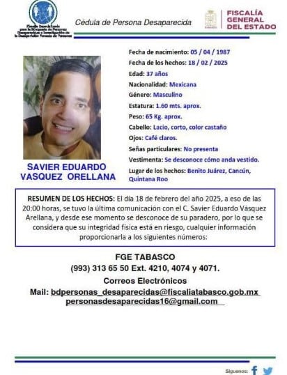 Ficha de desaparición de Savier Eduardo Vázquez Orellana, el Blin Blin