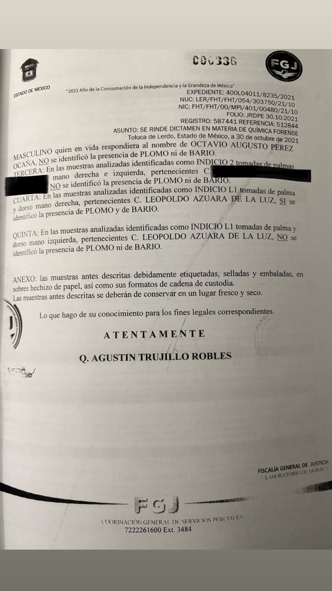 Prueba de rodizonato de sodio de Octavio Ocaña.