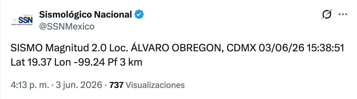 Temblor en CDMX hoy 3 de junio