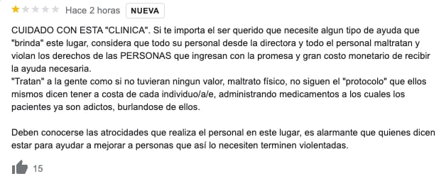 Opiniones en Google sobre la clínica Margarita, en la cual Ricardo O'Farrill fue internado