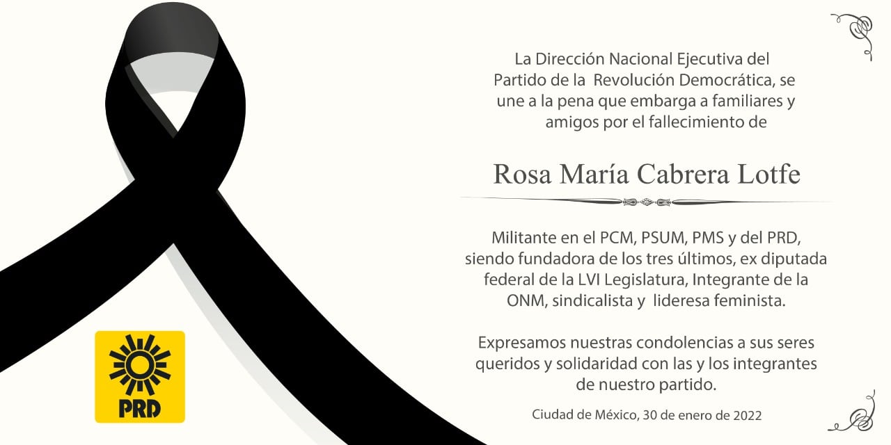 PRD lamenta muerte de Rosa María Cabrera Lotfe